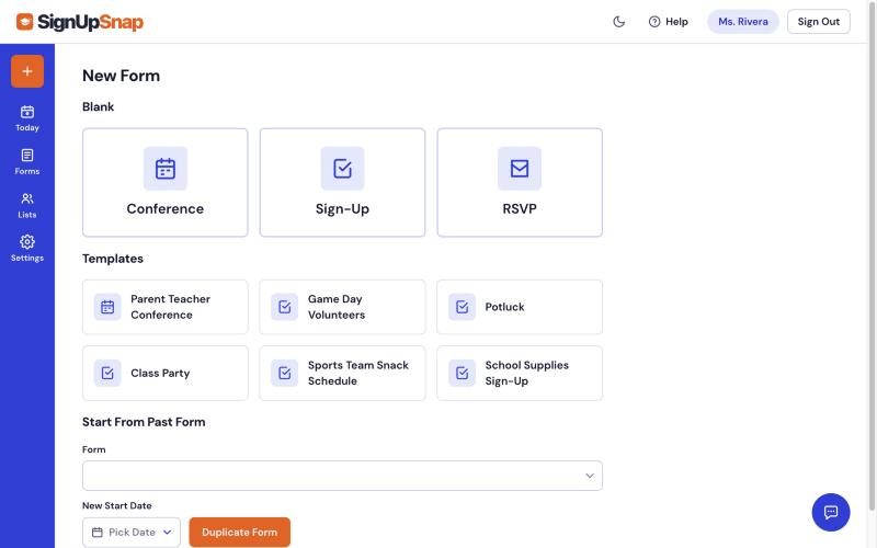 The New Form page with Conference, Sign-Up and RSVP under Blank, and the Parent Teacher Conference template under Templates.