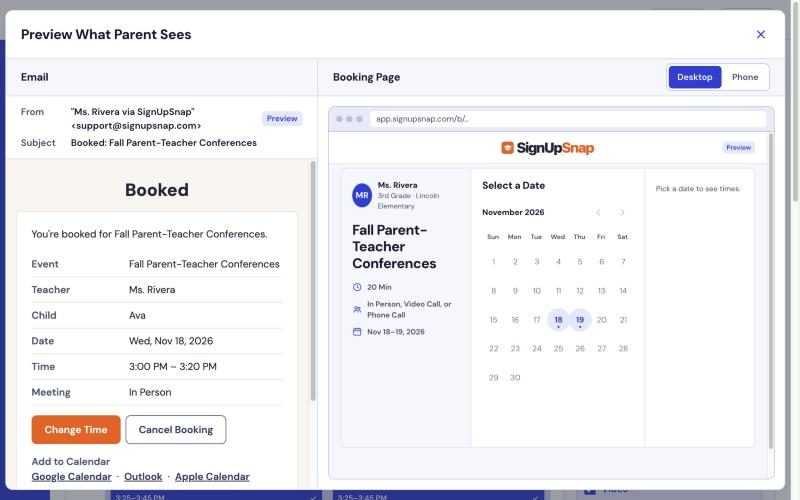 Preview What Parent Sees, with the confirmation email on the left and the parent booking page on the right.